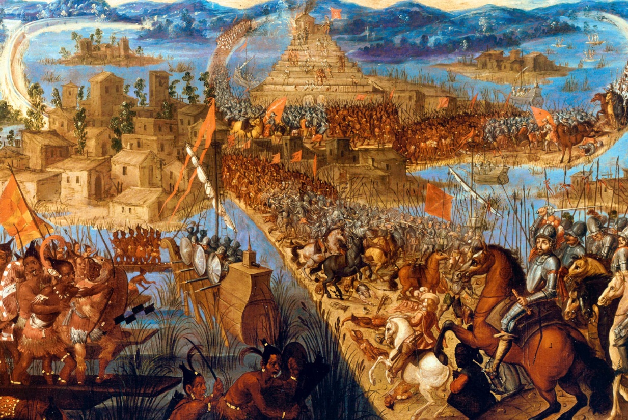 Hernán Cortés bij Tenochtitlán, de hoofdstad van het Azteekse Rijk.